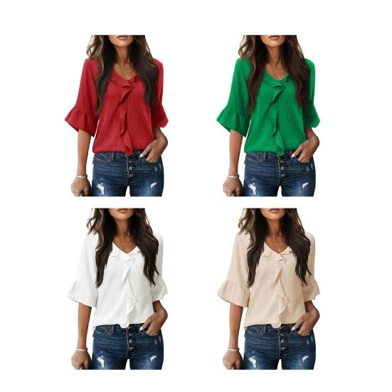 Women Shirt V-Neck Half Sleeve Ruffle Trim Pullover Tops Pure Color Regular Fit Casual Shirt Tops Work Party Vacation Wear