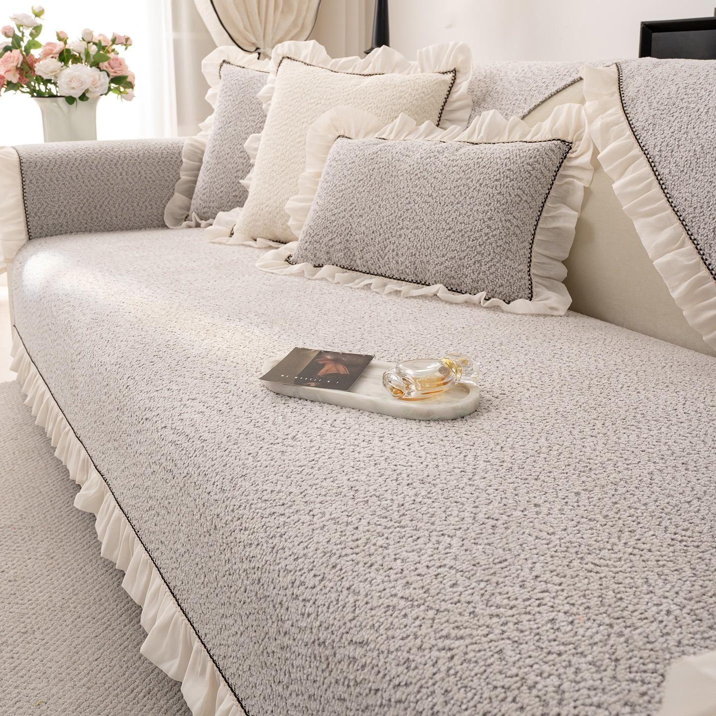 

1pc Yarn Dyed Loop Yarn Chenille Sofa Cover with Ruffle Hem, Anti-Slip for Living Room Couch Seat Cover Sofa Towel Anti-Scratch 90x90cm светло-серый