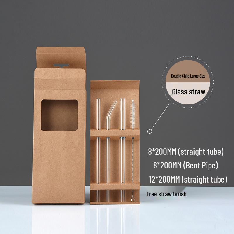 Double Boxed Transparent Glass Straws with Bent Tips for Juice & Milk - Simple Korean Style Cowhide