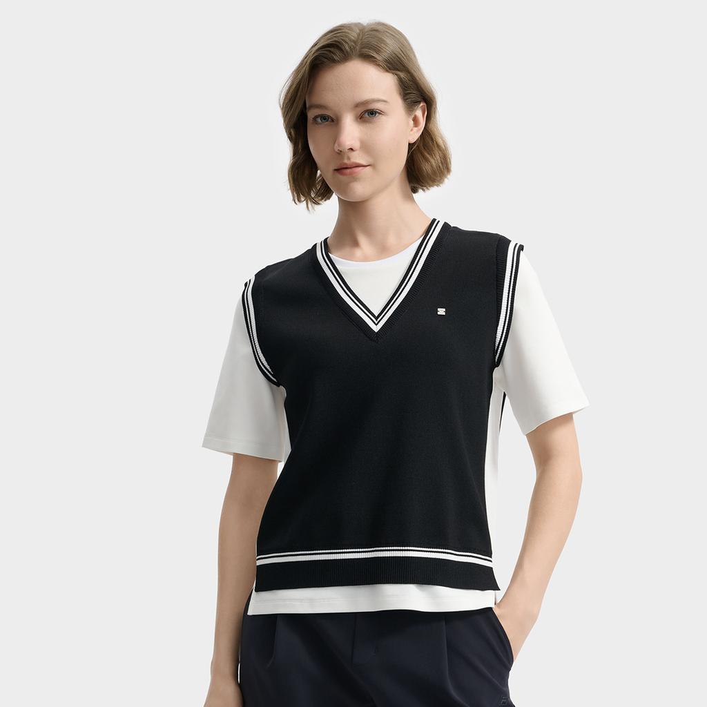 Fila White Fashion Retro Simple Casual Daily Comfortable Trendy Fake Two-Piece Knitted Short Sleeve T-Shirt Women Tops F11W533102FBK