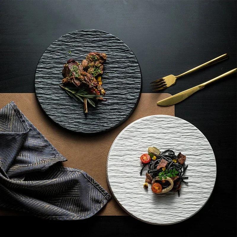 Creative Western Tableware Ceramic Round Steak Pasta Plate Kitchen Utensils Fine Cooking Dishes Black Stone Grain Flat Plate