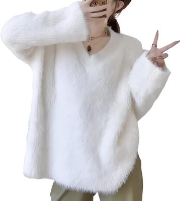 Tricot Moelleux Chaud Parfait pour l'Automne et les Grandes Tailles Longues Manches Bouffantes Col Rond et Coupe Ample [newNE] Pull à Col en V pour Femme, Décontracté, Moelleux, Pull, Hiver. Blanc,