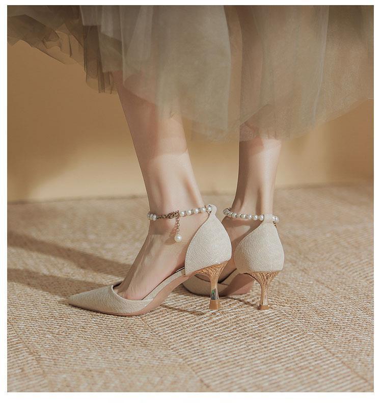 With Cheongsam, High Heels, Women's Summer Fine Heels, Champagne, Girlish Temperament, Pearl Pointed Head, with Hollow Bridesmaid Sandals.