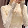 Top in pizzo con scollo a mezza altezza per donna con maniche lunghe, top sexy a strati in maglia sottile