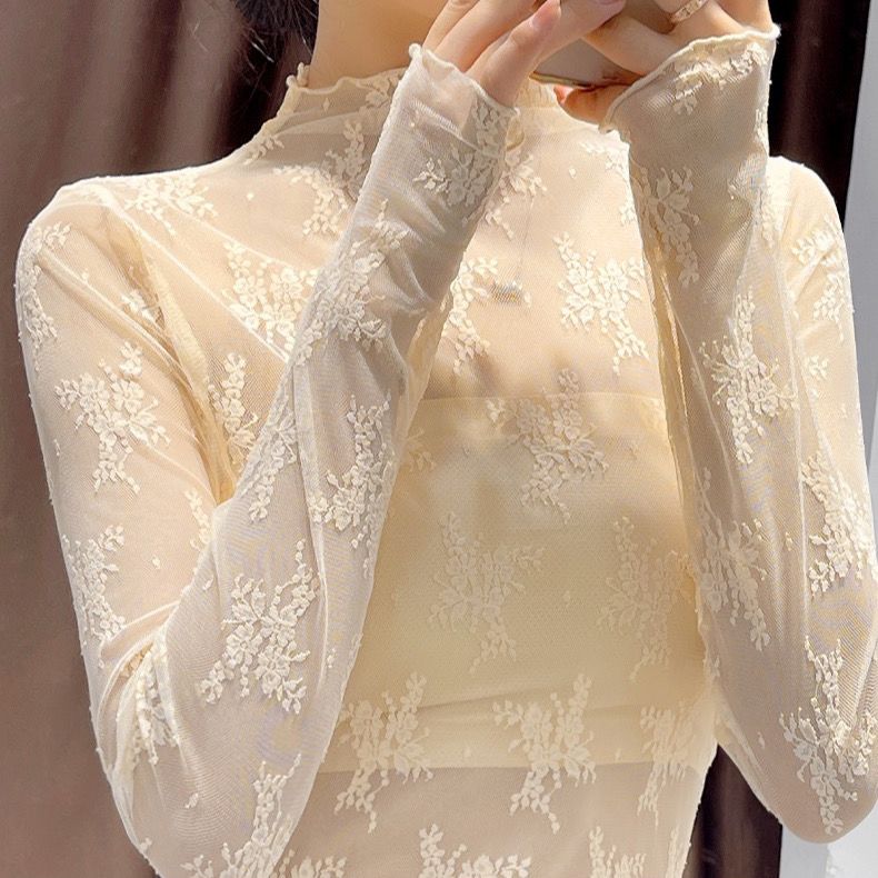 Top in pizzo con scollo a mezza altezza per donna con maniche lunghe, top sexy a strati in maglia sottile