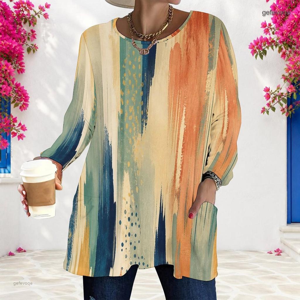 Women Plus Size Round Neck Long Sleeve Blue Printed Loose Longline T Shirt With Pockets