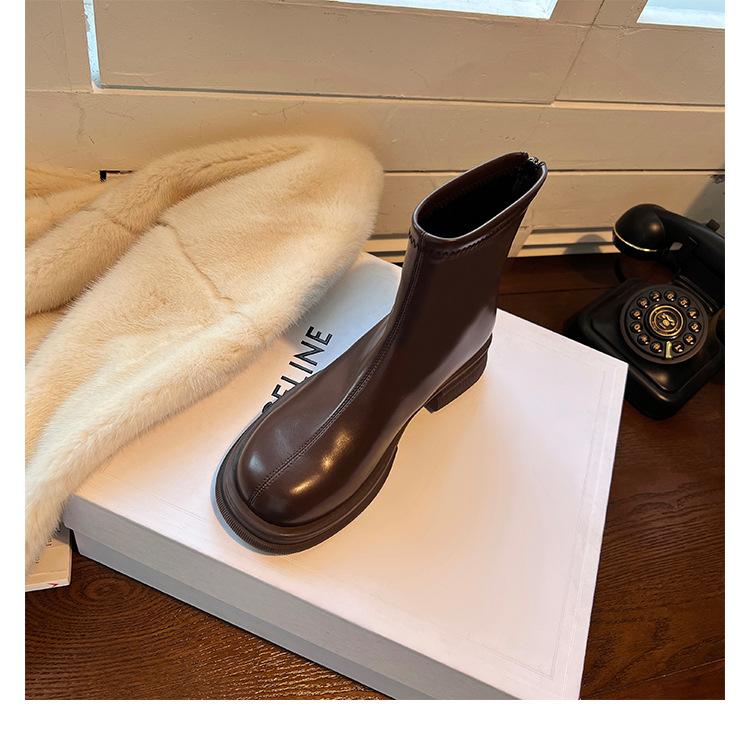 

Elastic thin boots women s 2024 autumn and winter new rear zipper round head versatile velvet simple thick-soled short boots shoes 40 темно-коричневого кольору