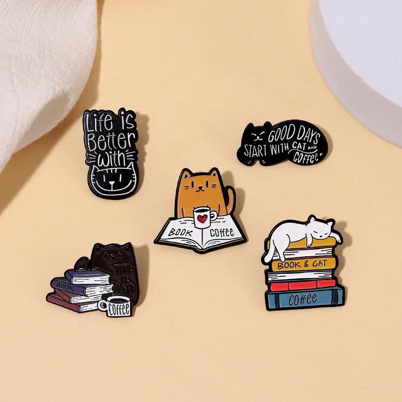 Cute Cat Enamel Pin Book Coffee Badge Brooch Life Is Better With Cat Animals Metal Kitten Lapel Backpack Jewelry