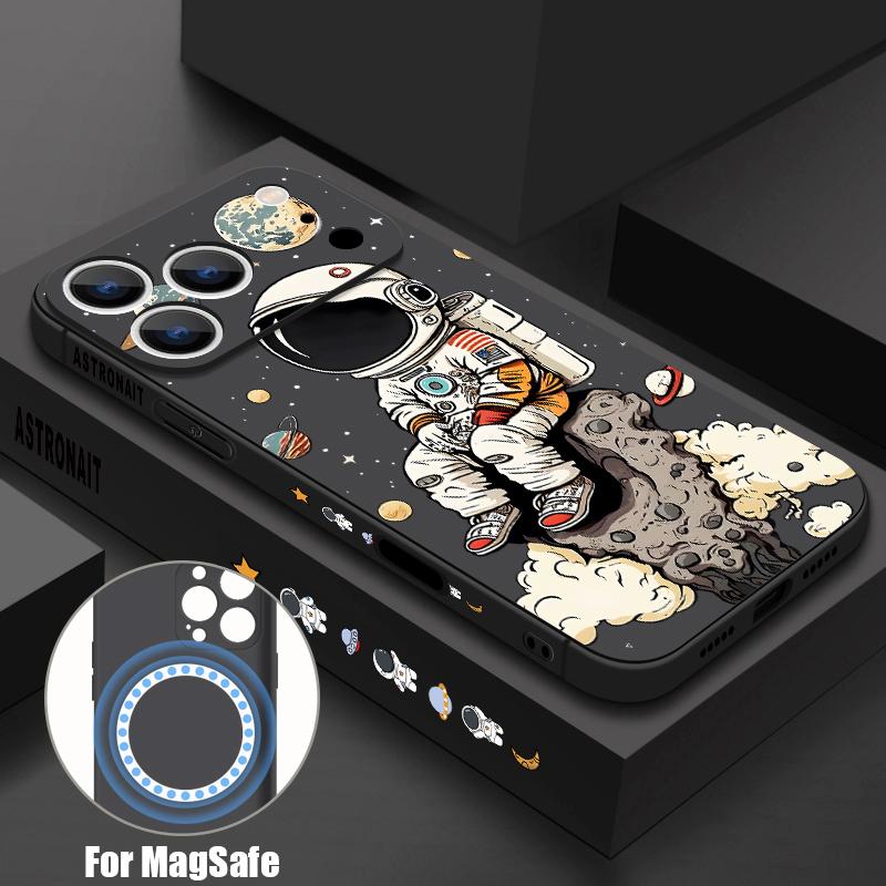 

Чехол для iPhone 17 Pro Max Мультяшный Астронавт Планета Рисунок Магнитный Для Magsafe Мягкий Чехол Для iPhone 16 15 14 13 Pro Max 17E 16E iPhone 16e/17e чёрный