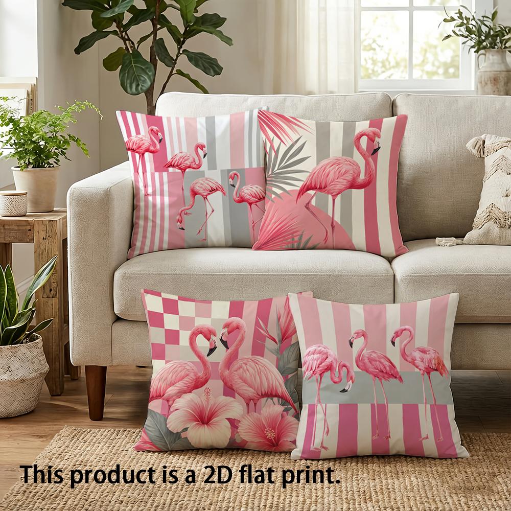 1pc Tropical Flamingo Print Throw Pillow Covers, Pink Geometric Stripe Floral Cushion Cases for Home Sofa Bedroom
