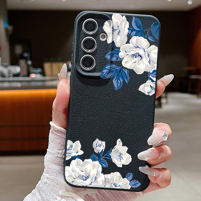 Funda Floral de Gardenia Blanca Para Samsung S26 S25 S24 Ultra S23 S22 S21 FE A15 A16 A17 A26 A35 A36 A37 A54 A55 A56 A57 5G Cubierta de Silicona con Textura de Cuero