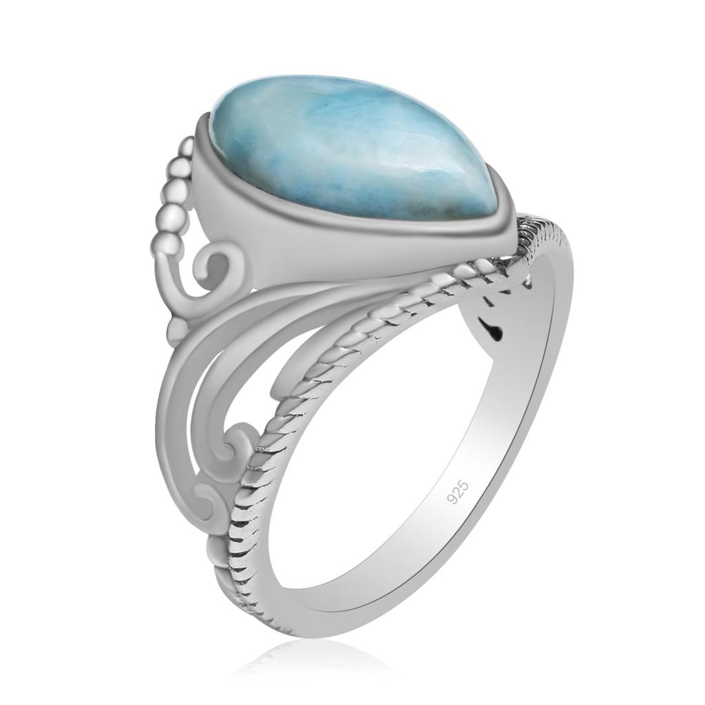 Natural Larimar Gemstone Ring Solid 925 Sterling Silver Marquise Shape Gemstone Handmade Filigree Crown Rings For Women & Girls
