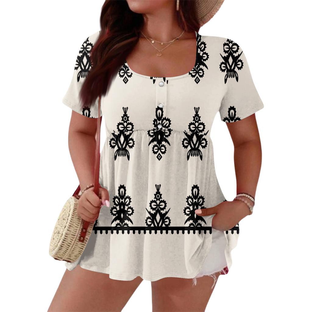 Women's Fashionable Casual Short Sleeve Loose Fit Button Front Printed Blouse