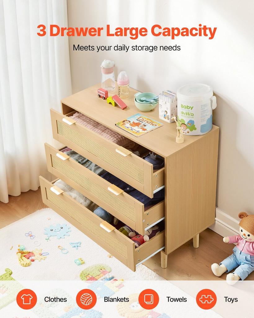 3 Drawer Rattan Dresser, Modern Closet Dresser for Bedroom, Natural Rattan Chest of Drawers with Metal Handles & Wooden Legs, Chest Clothing Organizer