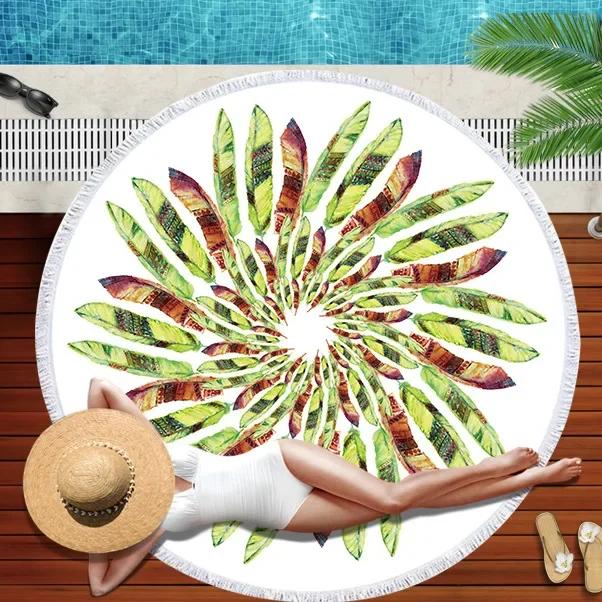 Printed Colorful Feather Beach Towel Round Microfiber Beach Towel For Living Room Home Decor Boho Tassel Bath Towels Summer