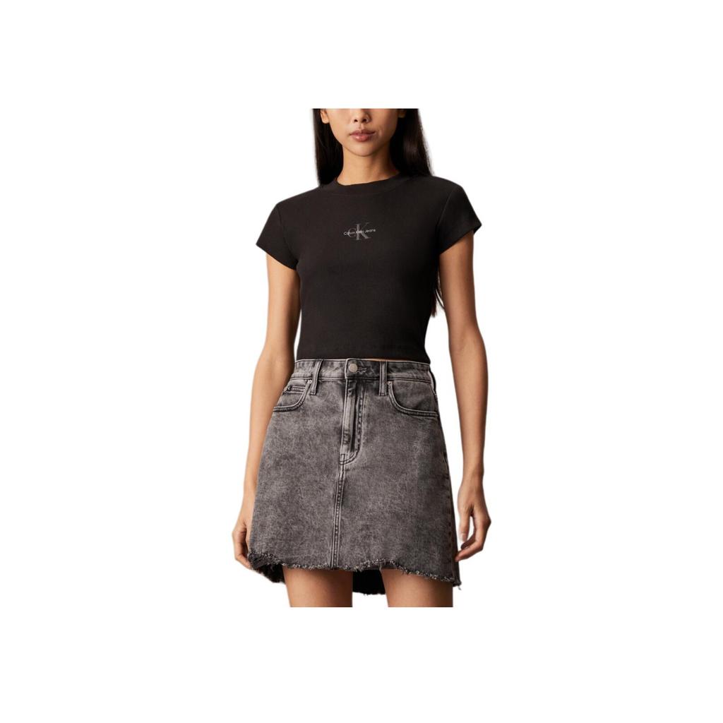 Calvin Klein Comfortable Letter Print Ribbed Knit Round Neck Short Sleeve T-Shirt Women Tops Black J224948-BEH