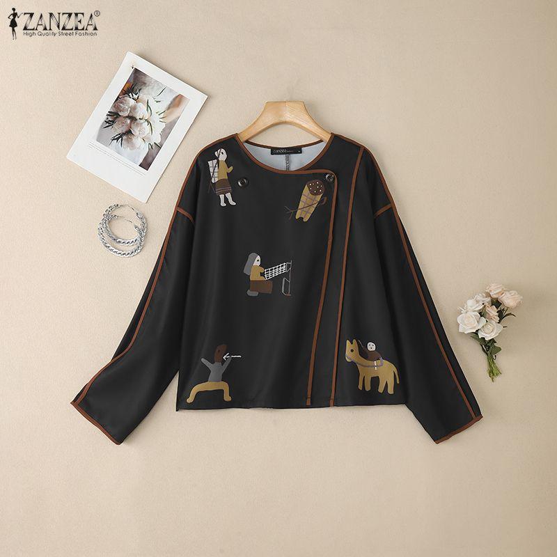 ZANZEA Women Round Neck Loose Casual Long Sleeve Print Blouse