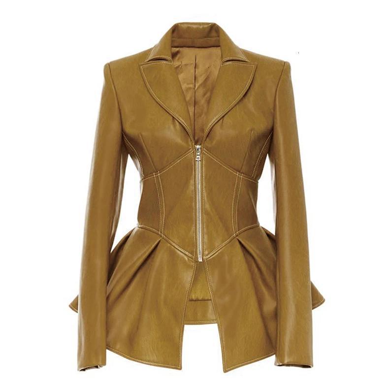 

Chic Spring 2026 Women s Leather Jacket - Stylish Waist-Cinched Slim Fit in Solid Color L жовтий