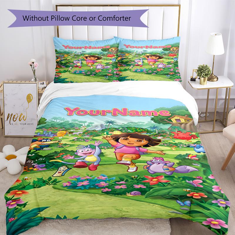 Dora Explorer Customize Your Name Bedding Set Breathable Duvet Cover with Pillowcases Home Decoration Birthday Gift