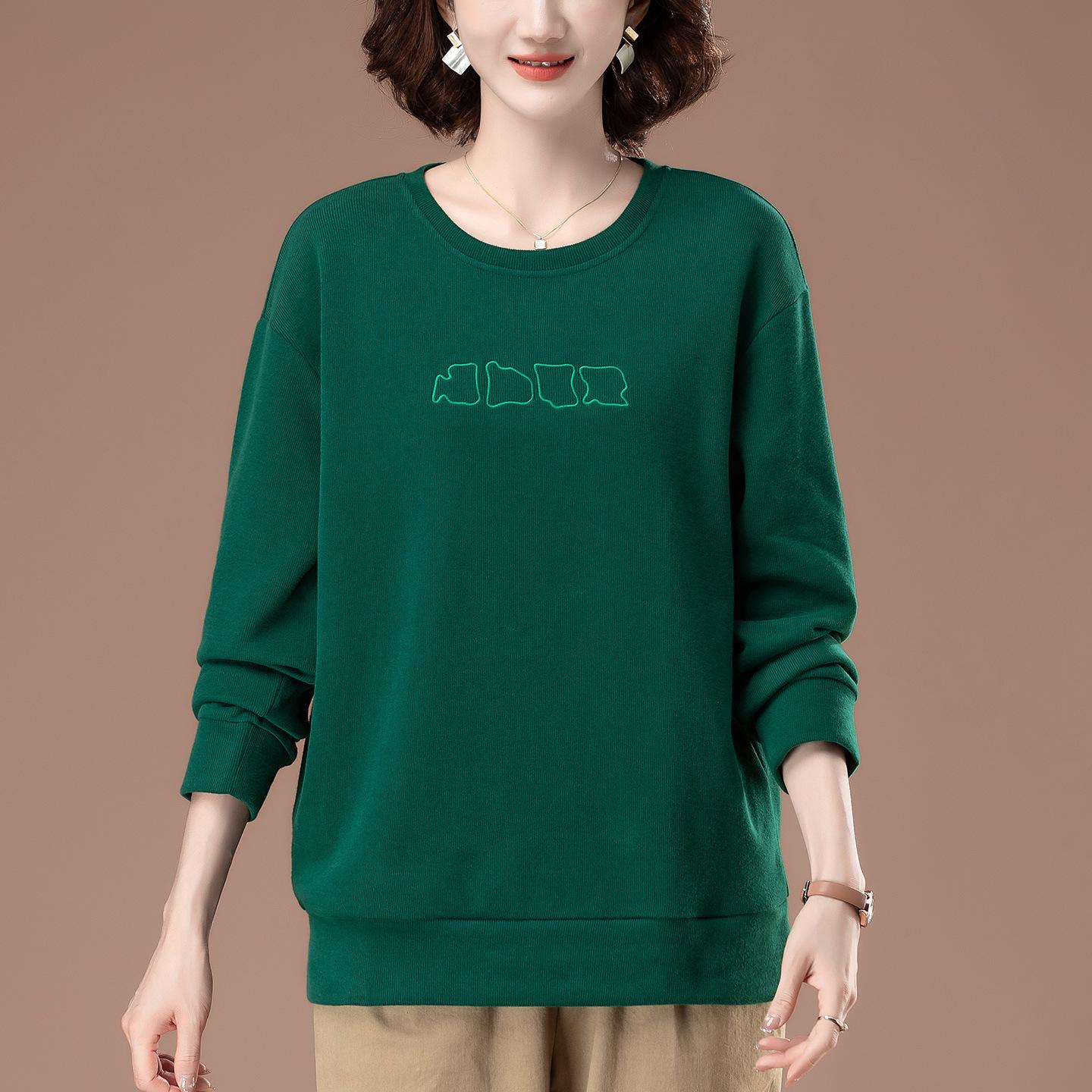 

Ранняя осень Большой размер Свободный свитшот для женщин среднего и пожилого возраста - Универсальный повседневный топ с круглым вырезом XL темно-зеленого