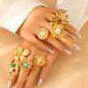 Stainless Steel Classic Flower Leaf Ring Pearl Stacked Ring Large Exaggerated Ring Women Gold Color Fine Jewelry Gifts for Her