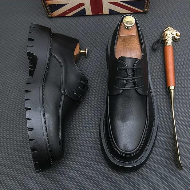 2025 Men's Chunky Glossy Leather Lace-up Casual Shoes with Thick Sole & Square Heel