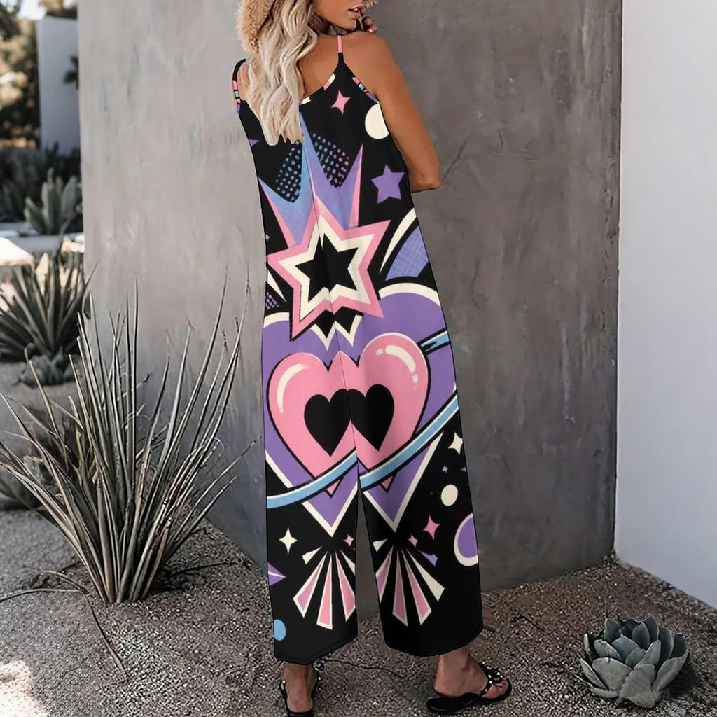 Women Spaghetti Strap Jumpsuit Retro Pop Art Star Heart Cosmic Print Wide Leg Pants With Pockets