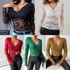 Elegantes Damen-Top mit V-Ausschnitt, gewelltem Ausschnitt, einfarbig, langärmlig, schmale Passform, schmaler Pullover mit Spitze