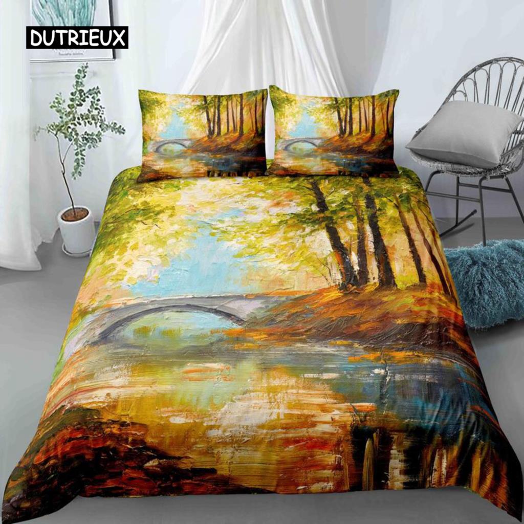 Oil Painting Landscape King Dimension Queen Size Bedspread Cover Natural Scenery Sleep Bedding Collection Teen Adult Floral Ocean Building Heavy-duty