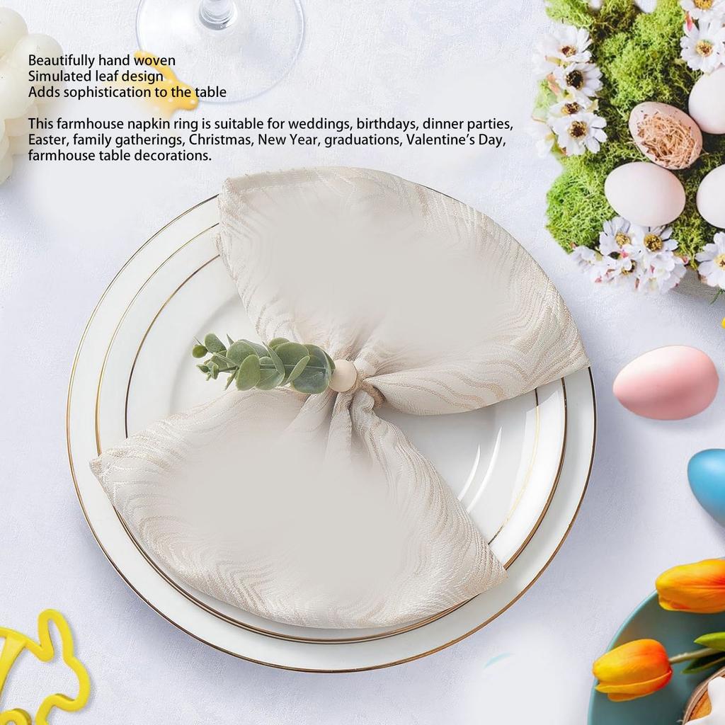 6pcs Hand Woven Faux Eucalyptus Leaf Napkin Rings Easter Spring Wooden Bead Farmhouse Napkin Rings for Weddings Christmas Party Table Decoration