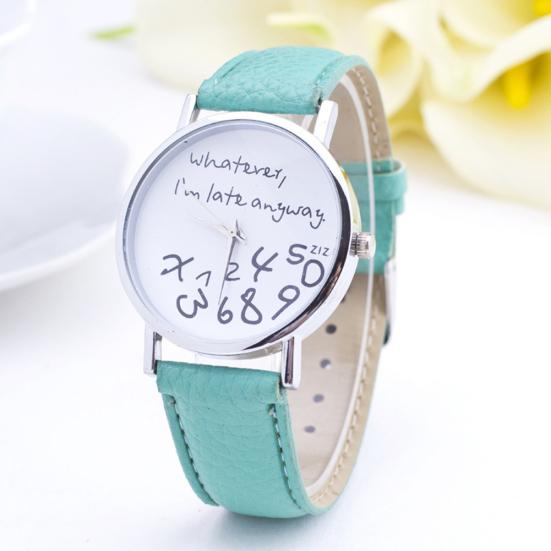 Damen Was Auch Immer Ich Bin Sowieso Zu Spät Buchstabe Rundes Zifferblatt Kunstlederarmband Quarz Uhr