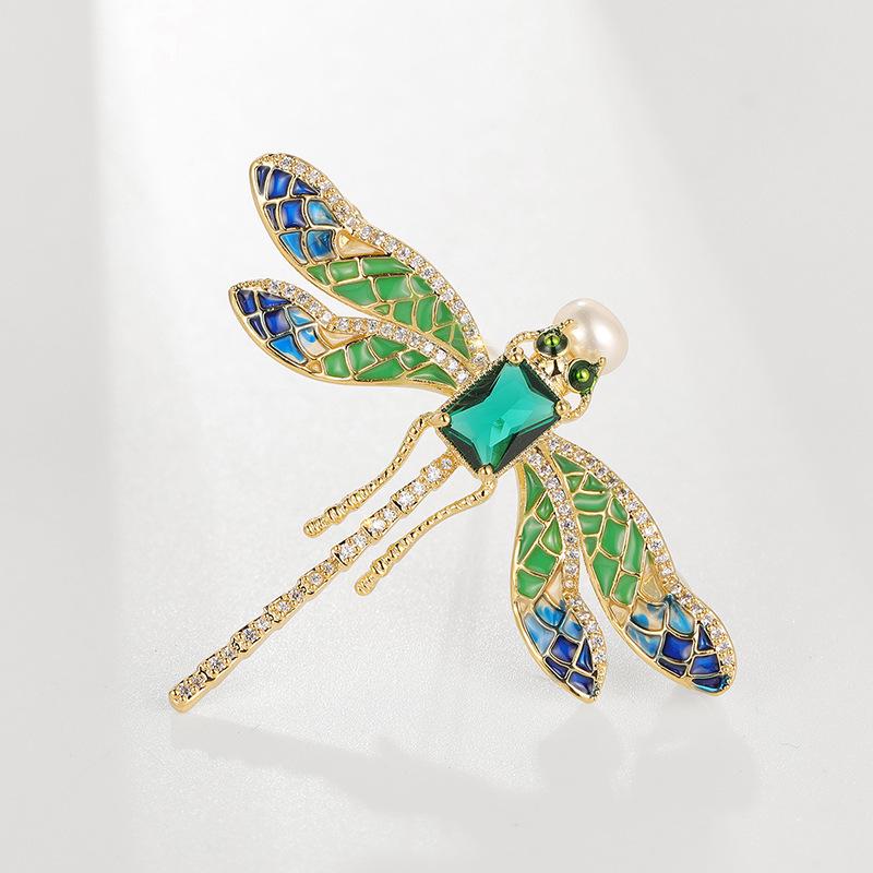 Bo Xin Yun Elegant Green Zircon Dragonfly Brooch with Enamel Finish - Perfect Coat Accessory or Gift Pin