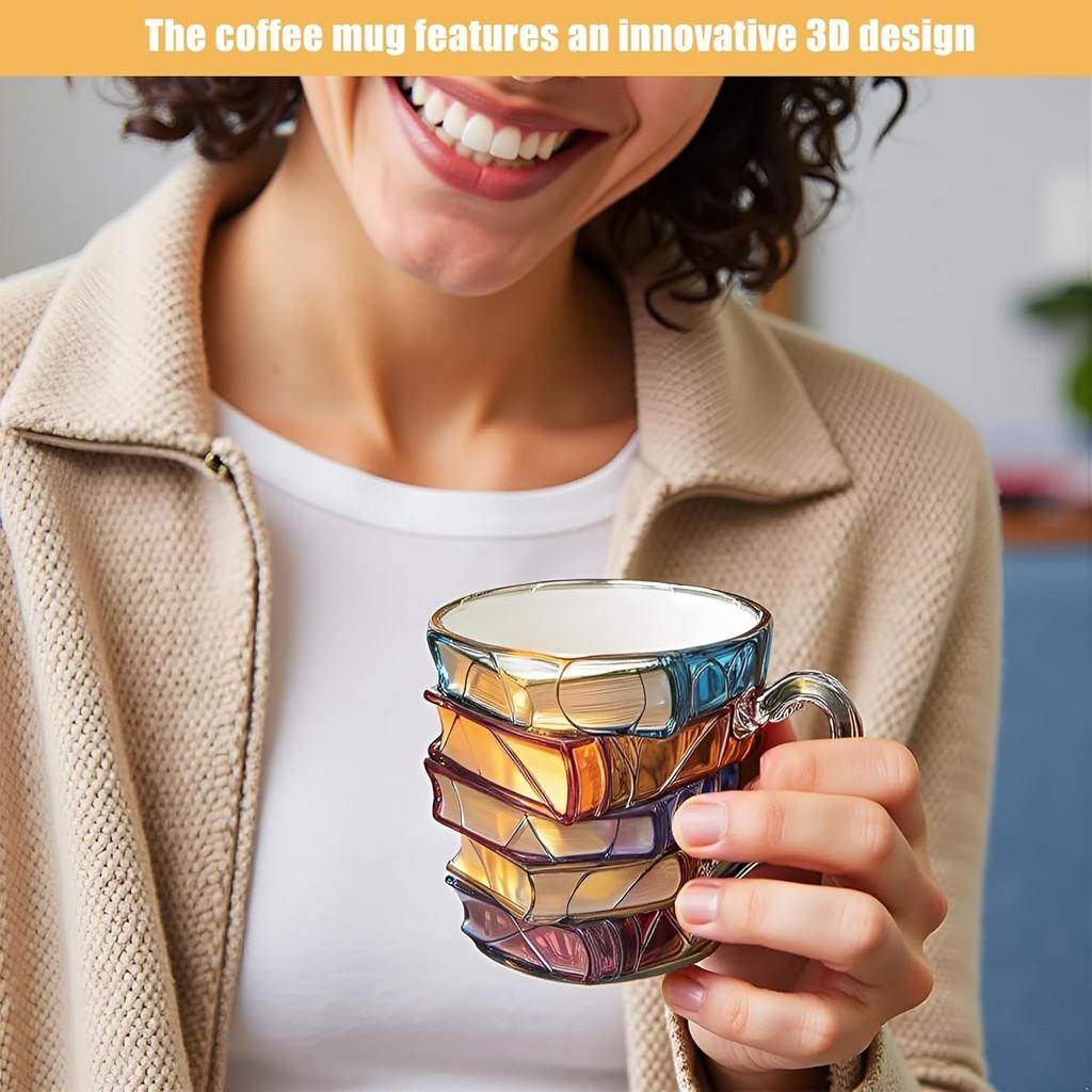 Malt Bokkrus, Unik Fargerik Resin Stablede Bøker Kaffekopp, Samlerobjekt Gave til Lesere, Bibliotekarer, Litteraturelskere