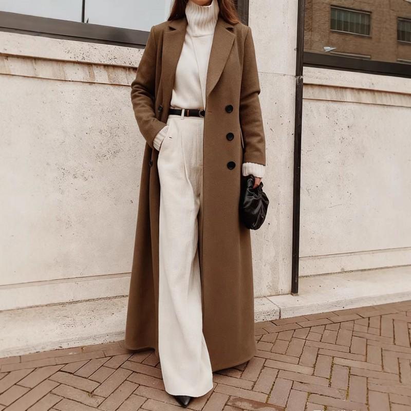 Womens Long Wool Blend Coat Winter Casual Oversized Trench Style Double-Breasted Outerwear