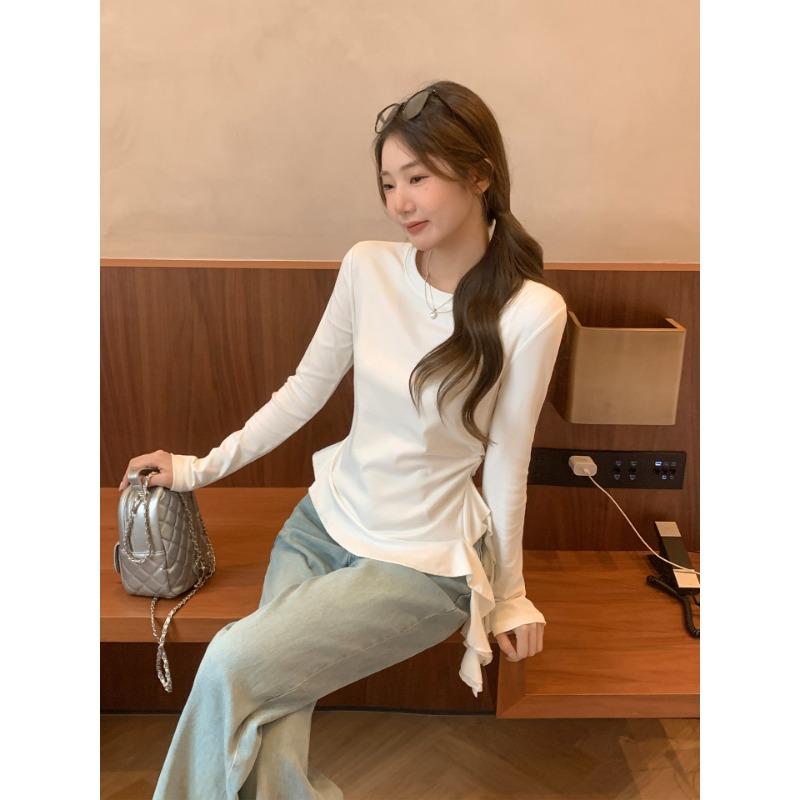 Round Neck Irregular Ruffle Hem Long Sleeve T-Shirt Women Slim Fit Underwear Base Layer Top