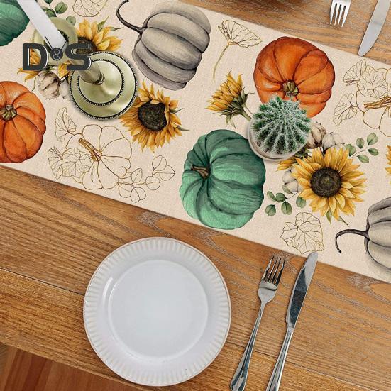 Thanksgiving Party Table Runner Pumpkin Sunflower Print Stain-Proof Reusable Table Protection Decoration Hotel Prom Banquet Table Runner
