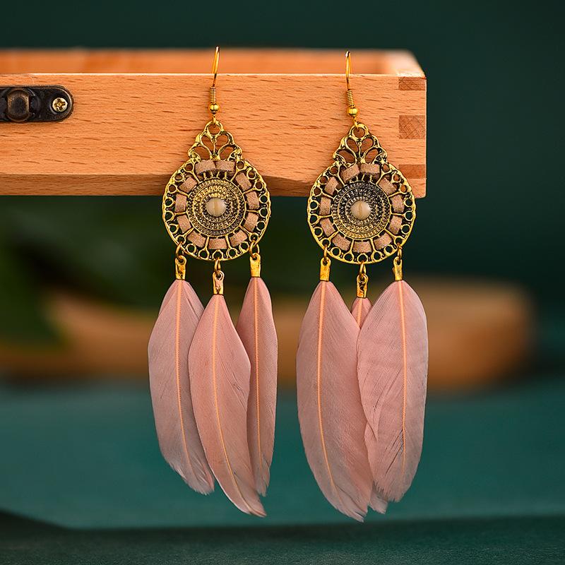 Bohemian Vintage Long Round Winding Feather Earrings for Women Ethnic Simple Elegant Dangle Earring Female Vacation Jewelry
