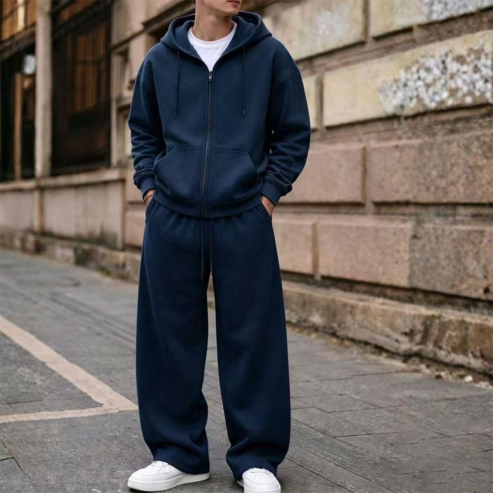 American Fashion Solid Color Zipper Hoodie and Wide Leg Pants Casual Set