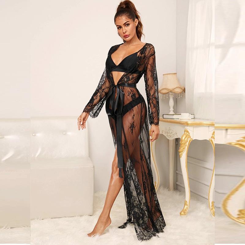 Sexy new perspective bathrobe black robe set lace lingerie