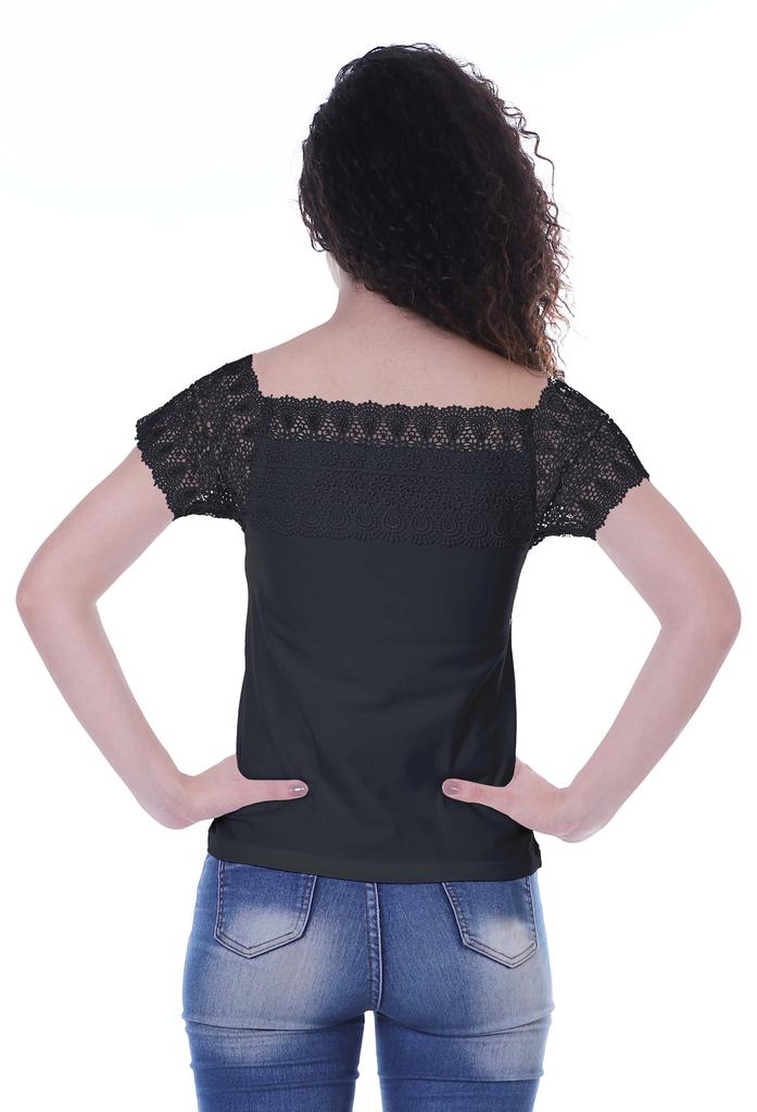 Moomaya Lace Sleeve Tops For Women Plain Boat Neck Tee Shirt
