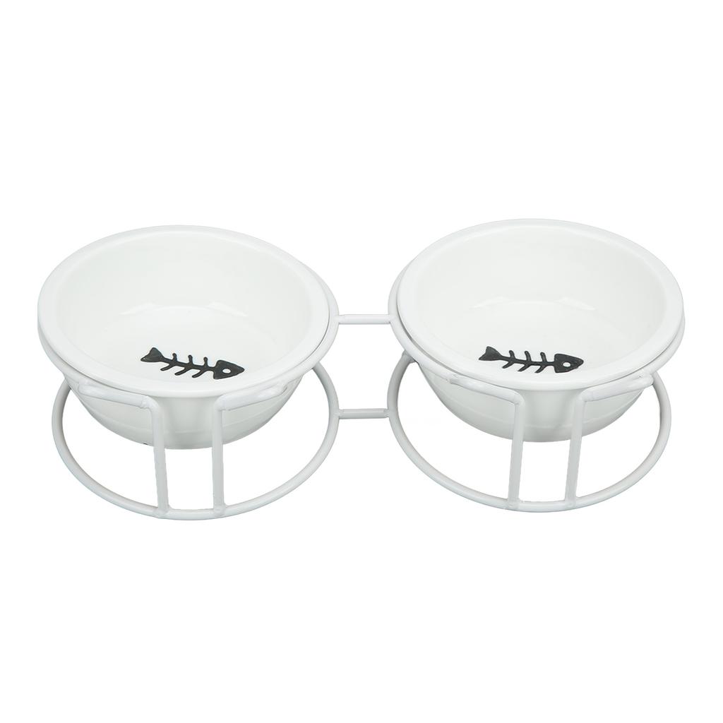 Pet Double Ceramic Bowl Double Ceramic Raised Cat Bowls with Metal Stand and Cover for Food and