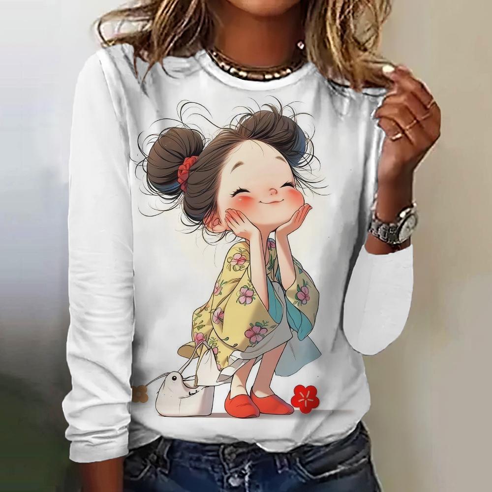 Women's T-Shirt Top Long Sleeved Pullover Fashion Little Girl Print Street Round-Neck Tee Shirt Female Everyday Loose Clothing