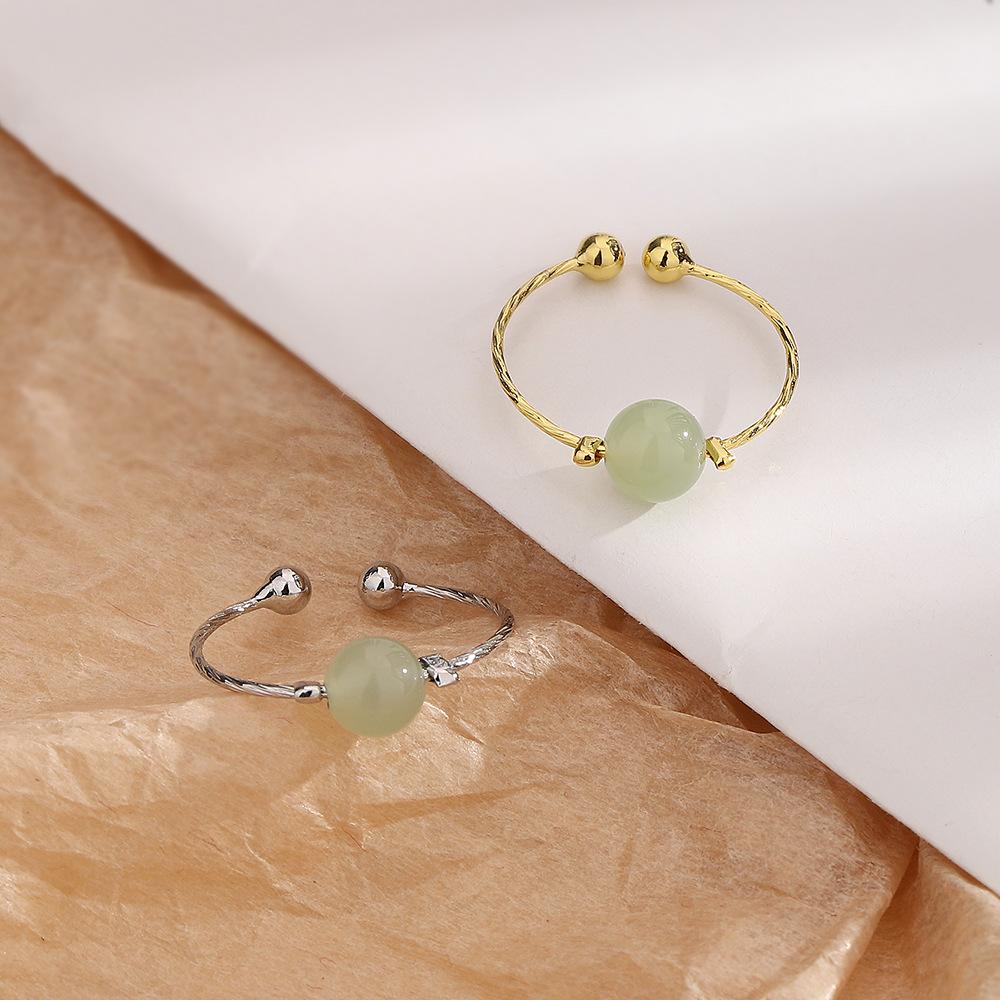 Hetian Jade Ring Temperament Guochao Passepartout Ring Simple, Fresh And Elegant Small Family Jasper Round Bead Open Ring