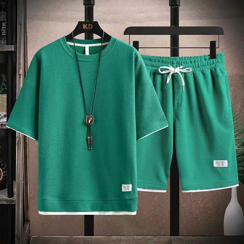 Men's Korean Style Summer Casual Waffle Knit 2-Piece Set: T-Shirt + Shorts