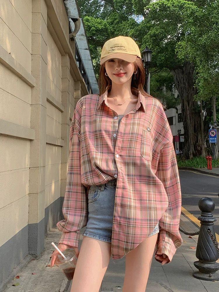 

Женская ретро-куртка в клетку с длинным рукавом, оригинальное качество - Повседневная свободная посадка для осени/зимы L розовый