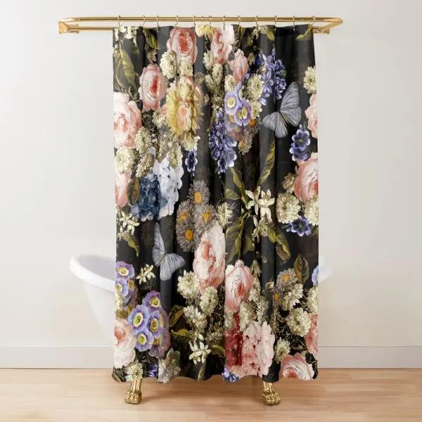 Floraler Duschvorhang Dunkelrosa Schwarz Rot Grün Blätter Bunte Blumen Schmetterling Gothic Badezimmer Vorhänge Vintage Badezimmer Dekor