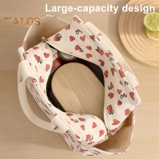 Corduroy Lunch Bag with Handle Waterproof Large Capacity Reusable Insulated Lunch Box Water Bottle Holder with Side Pockets