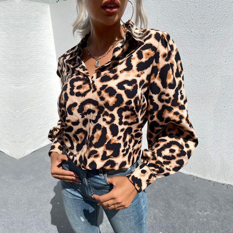 

Vintage Top Loose Lapel Leopard Shirt Retro Tops Loose Lapels Leopard Print Female Khaki L