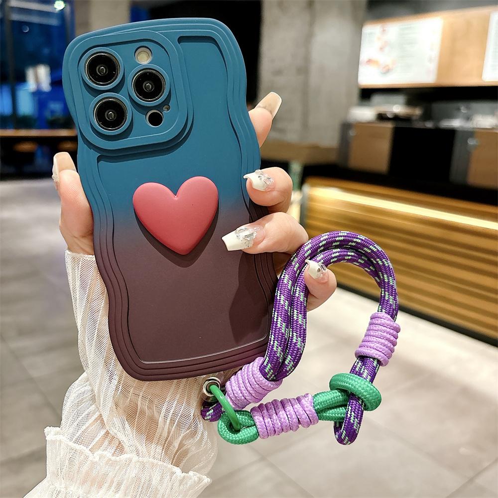Cartoon Love Heart Gradient Lanyard Case for For Iphone 16 1 14 17 Pro Max Air Plus 12 13 11 Xr Xs Hand Wrist Strap Wave Soft Cover
