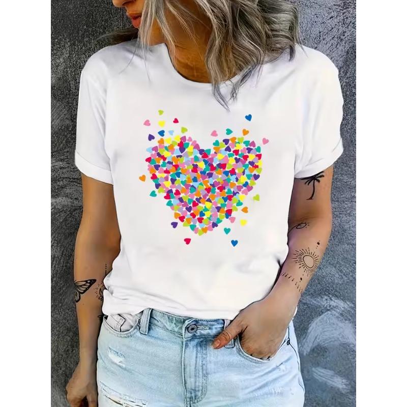 Summer Round Neck 3D Heart Graphic Print Top Fashionable Casual Short Sleeved Women's T-shirts